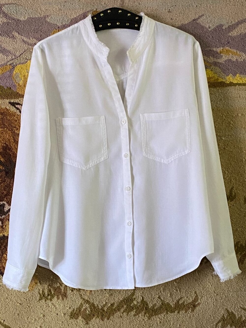 Anthropologie Cloth & Stone Sz M White Shirt Tencel Long Sleeve Frayed Hem